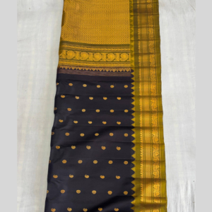 Brown buta yellow gold jari border Gadwal pure silk saree