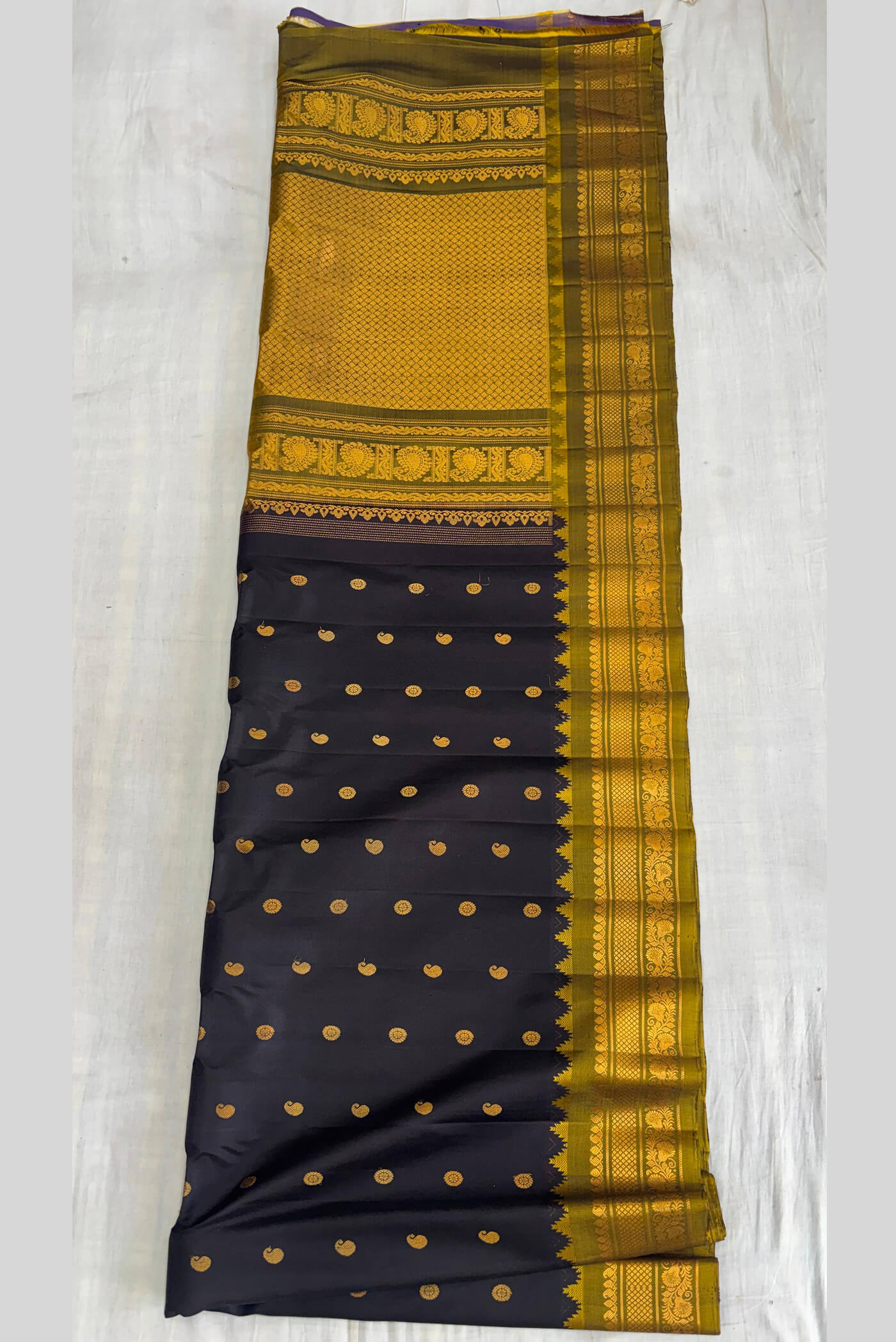 Brown buta yellow gold jari border Gadwal pure silk saree