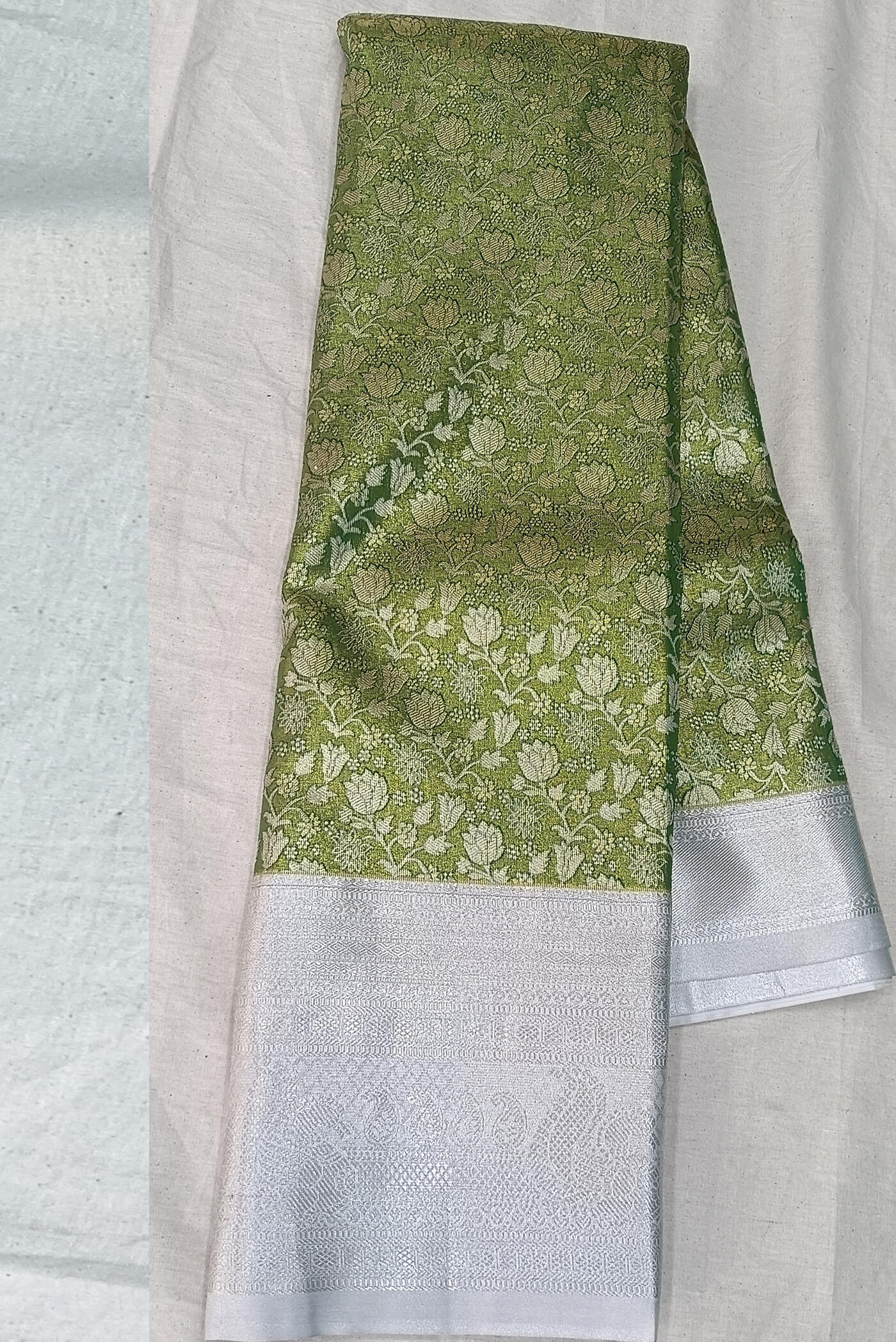 Olive Green silver grey Gadwal Kanchi Pattu Brocade saree