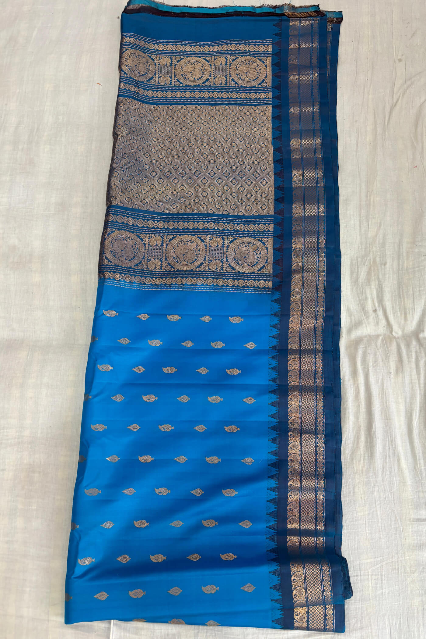 Blue Temple Border gold Jari Gadwal silk saree
