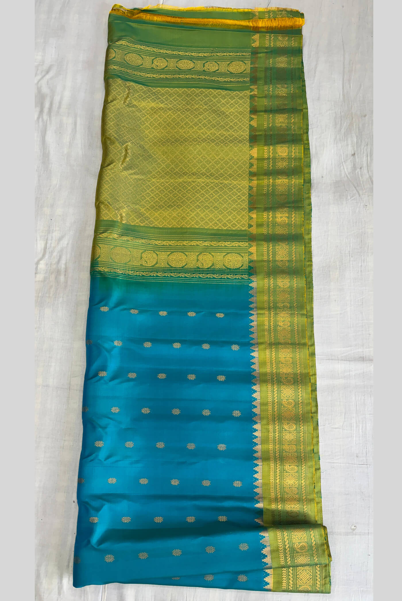 Blue Green temple border gold Jari Gadwal silk saree