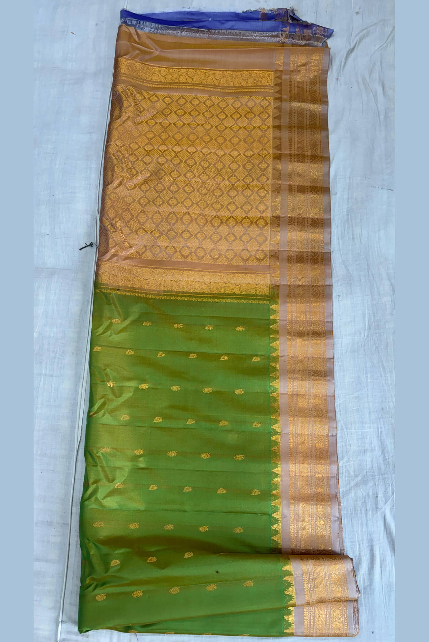 Green buta golden temple border gold jari Gadwal pure silk saree