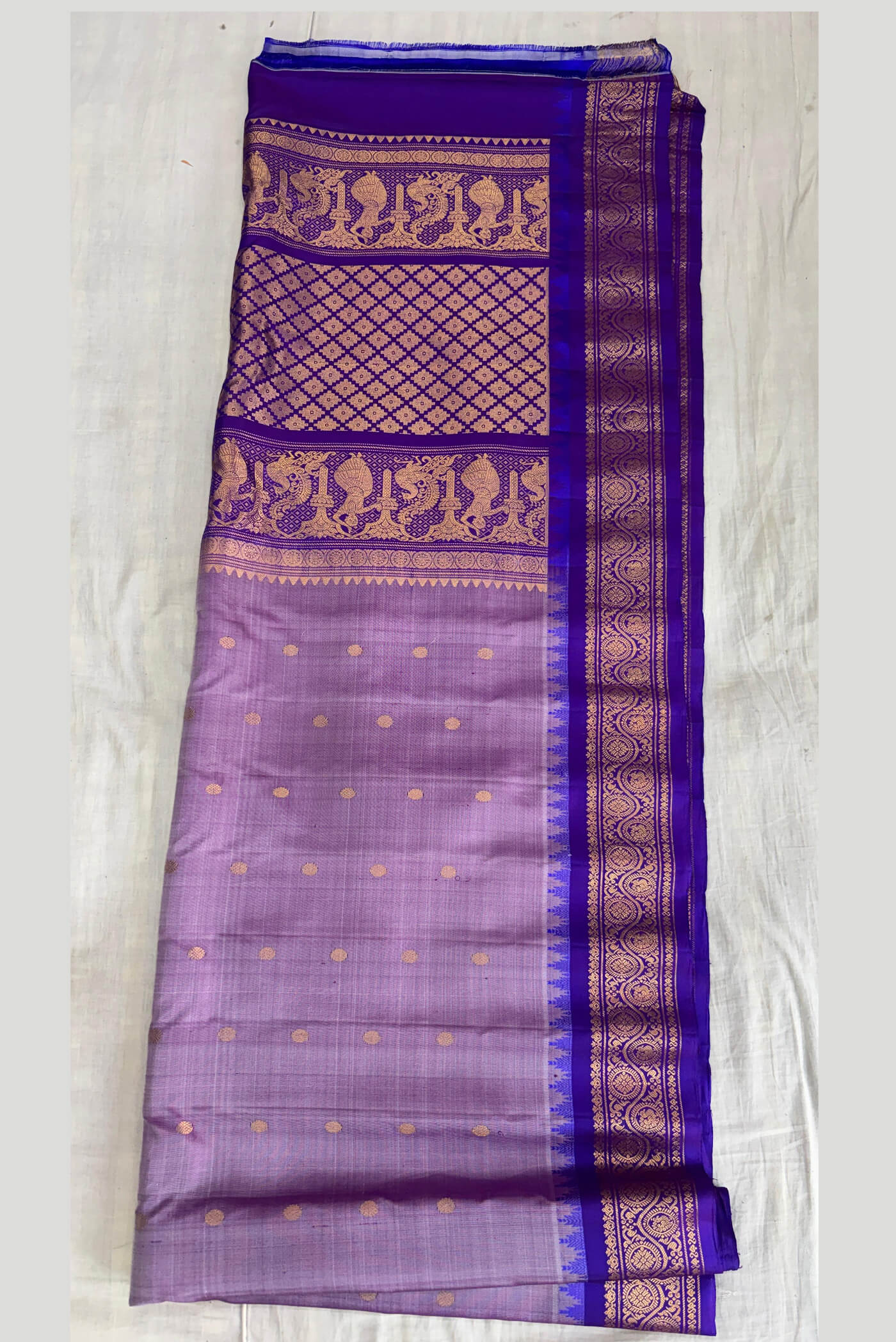 Lavender buta blue golden temple border Gadwal pure silk saree