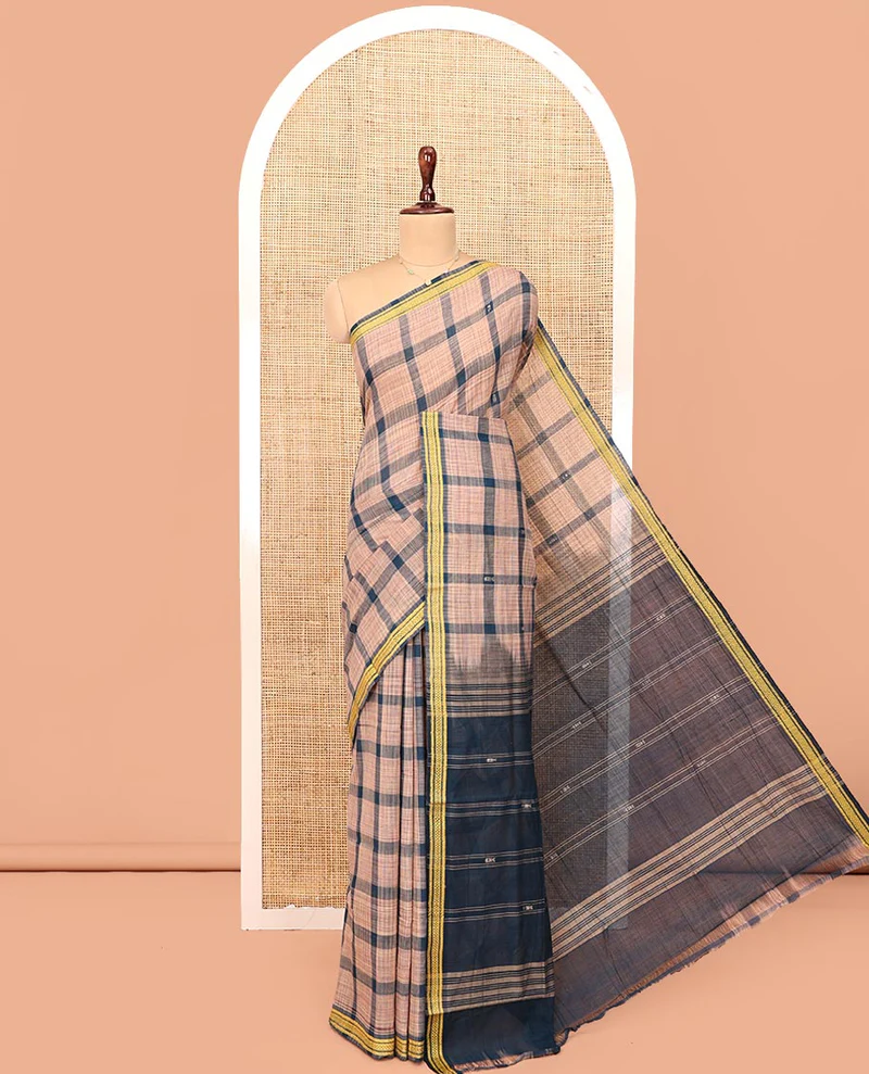 Cotton Peacock Blue Andhra Saree, Woven with Big Checked Design