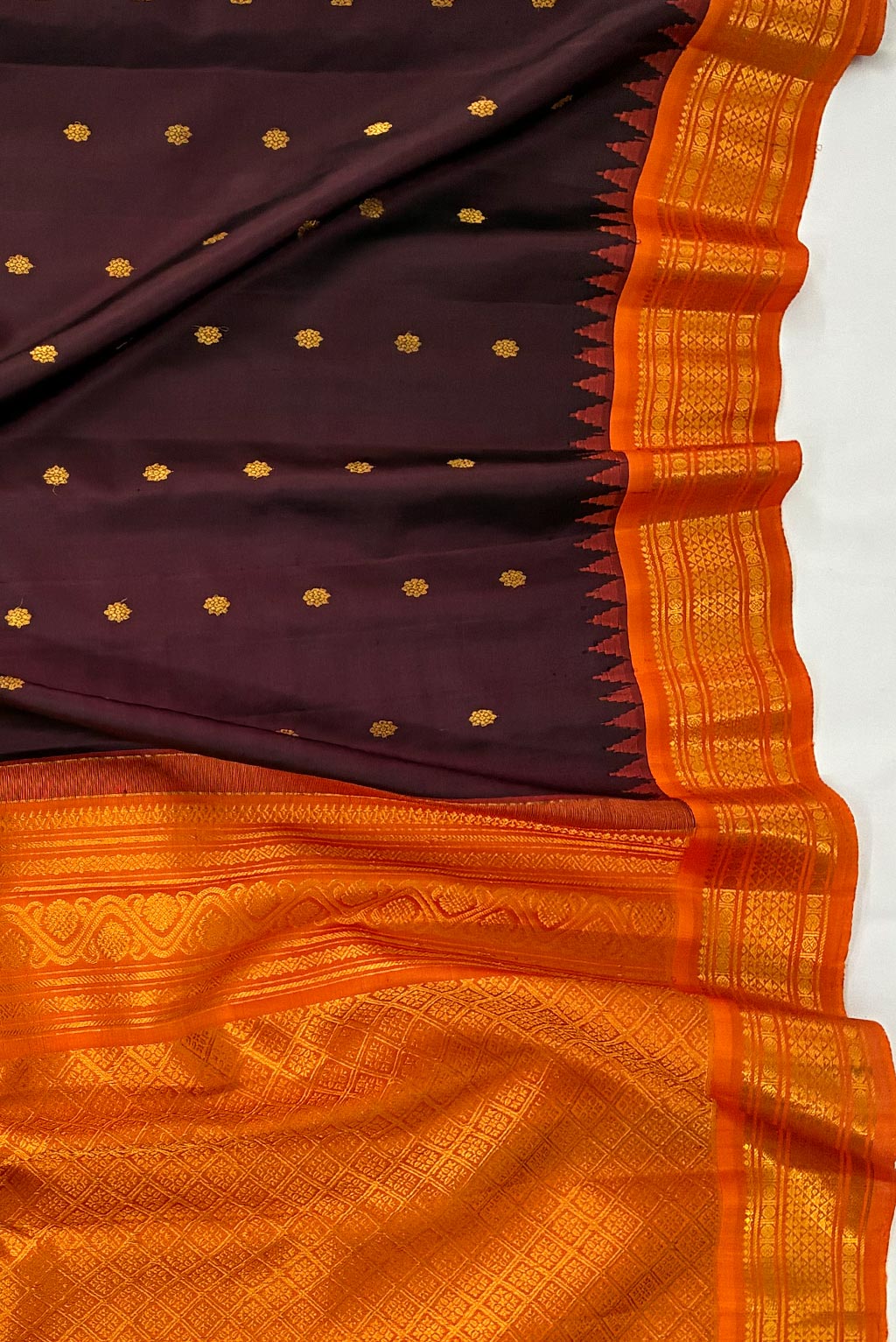 Gadwal Brown brown butas with red border handloom silk saree