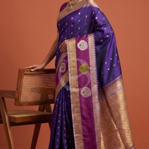 Gadwal Purple saree gold , silver Jari buttas with Big butta gap border handloom silk saree