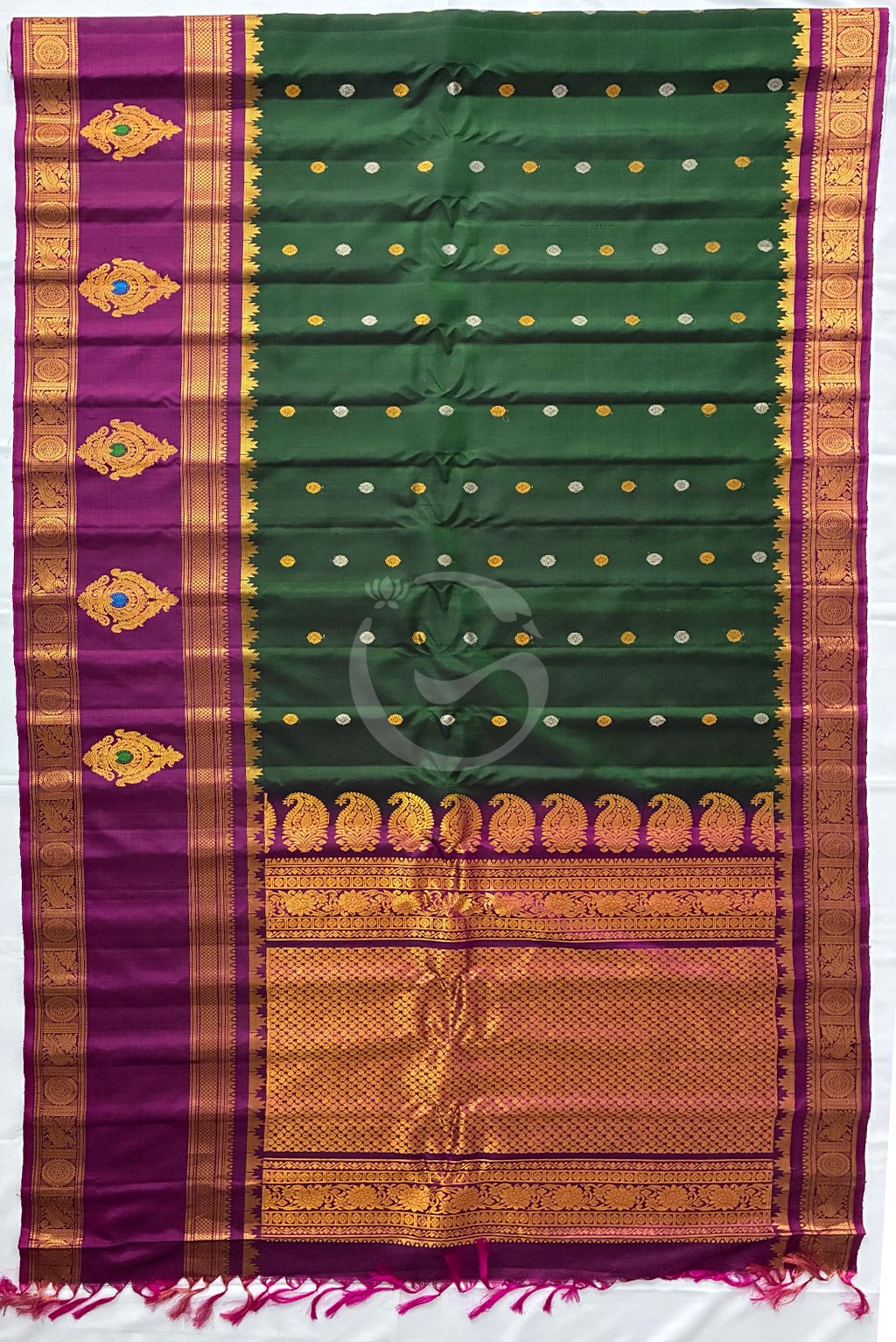 Gadwal bottle green buttas with purple gap butta border handloom silk saree