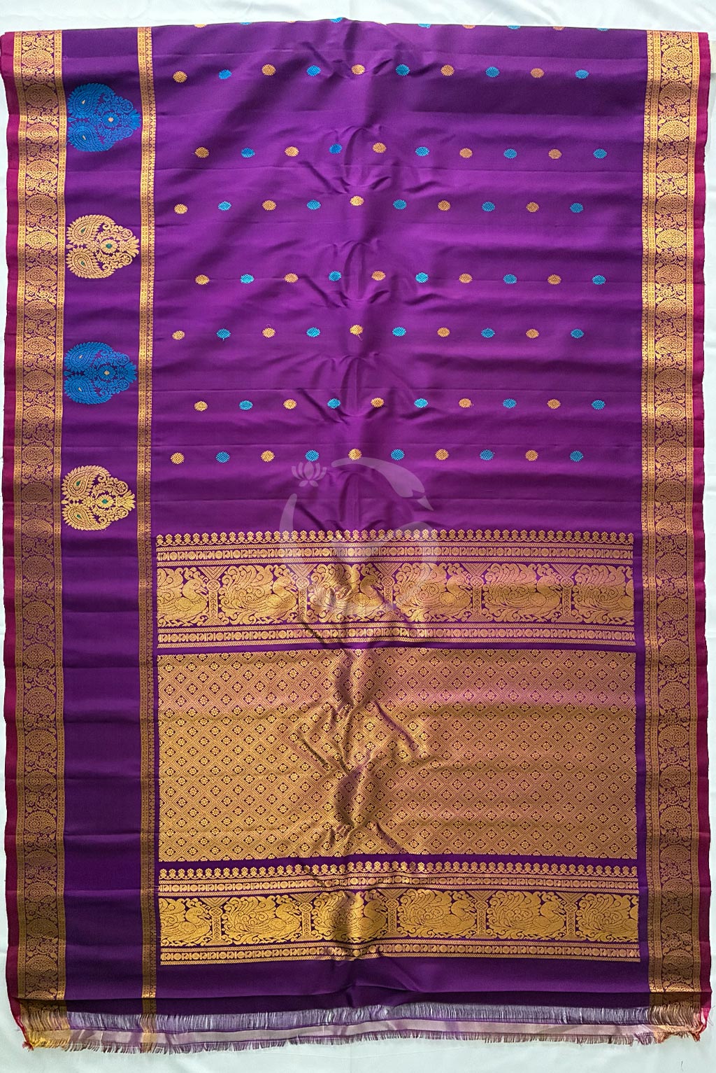Gadwal pink purple buttas self gap border butta border handloom silk saree