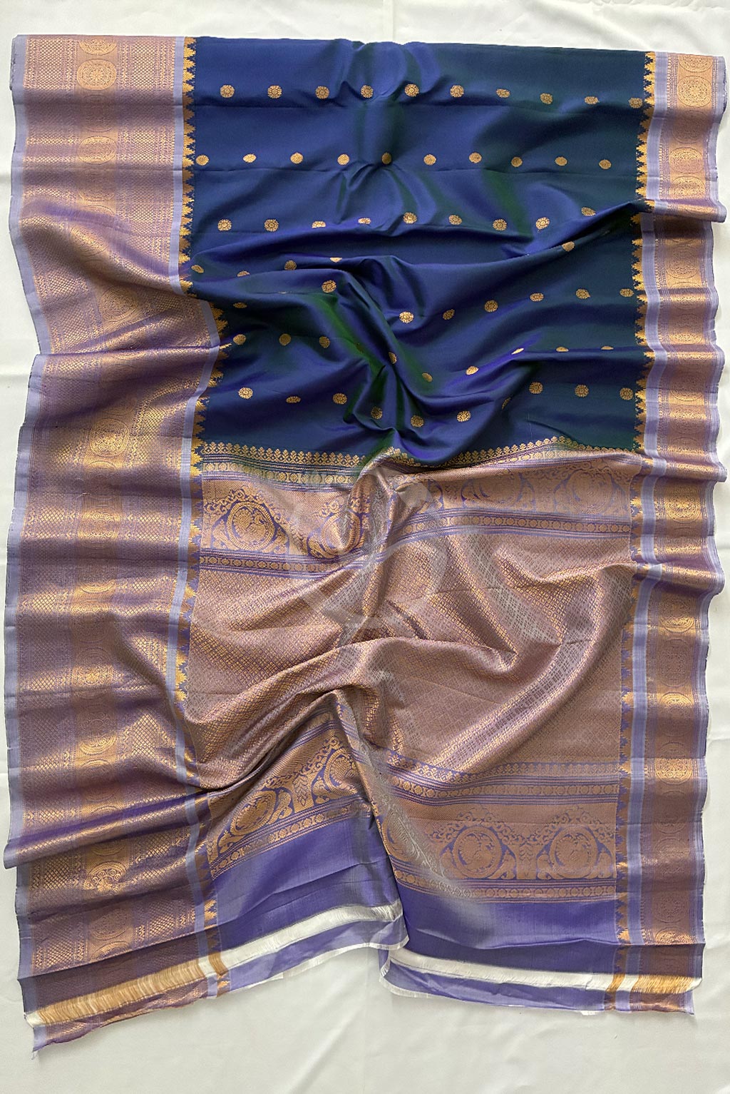 gadwal Navy Blue-butas with self grey lavender border handloom silk saree