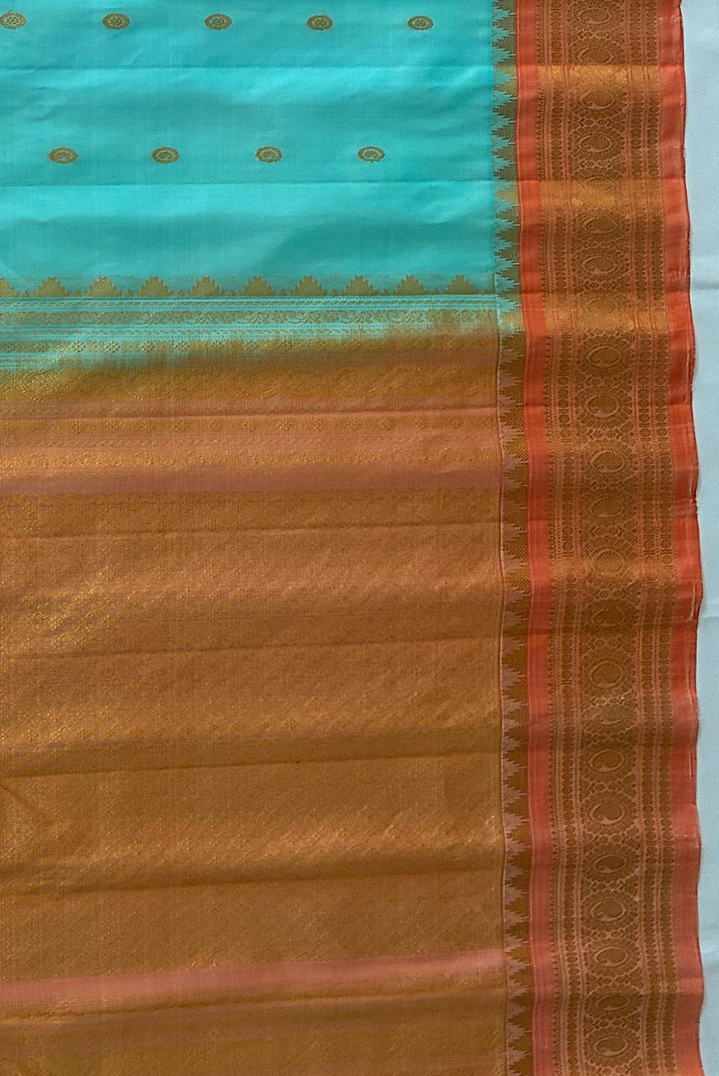 Gadwal small border cyan green orange silk saree