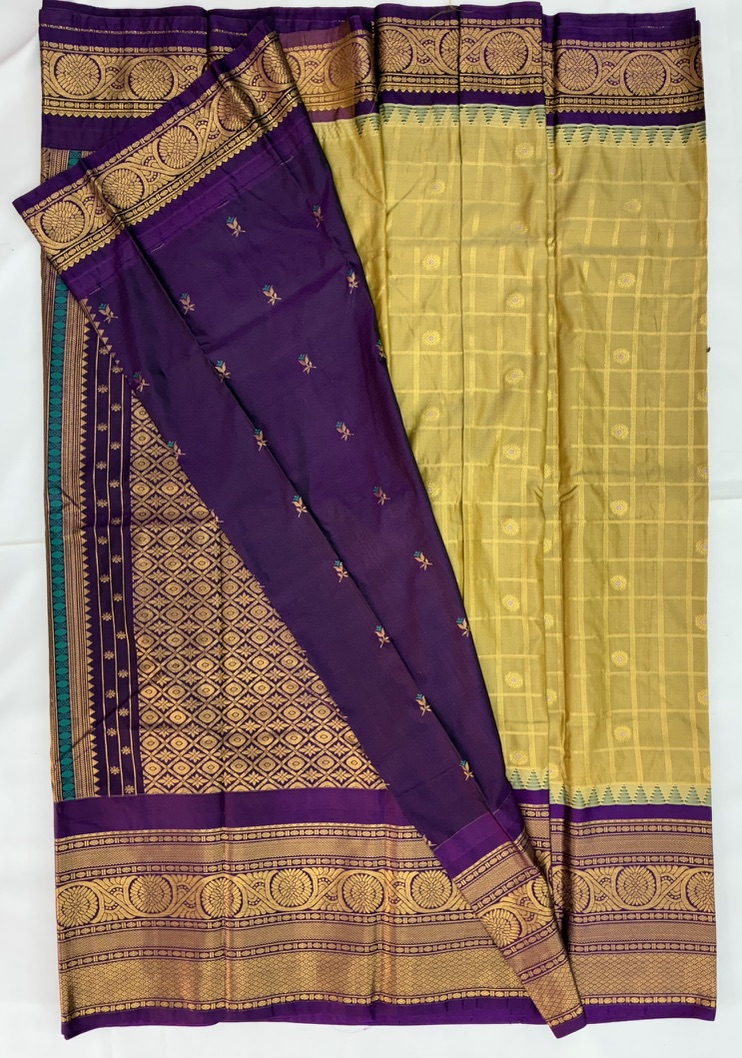 Gadwal Semi Saree Mustard Yellow Checks butas with Purple Rich pallu and border