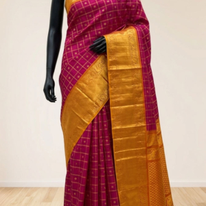 Big Border Gadwal Pure Handloom dual shade body Checks with Butas Megana Pink with Orange