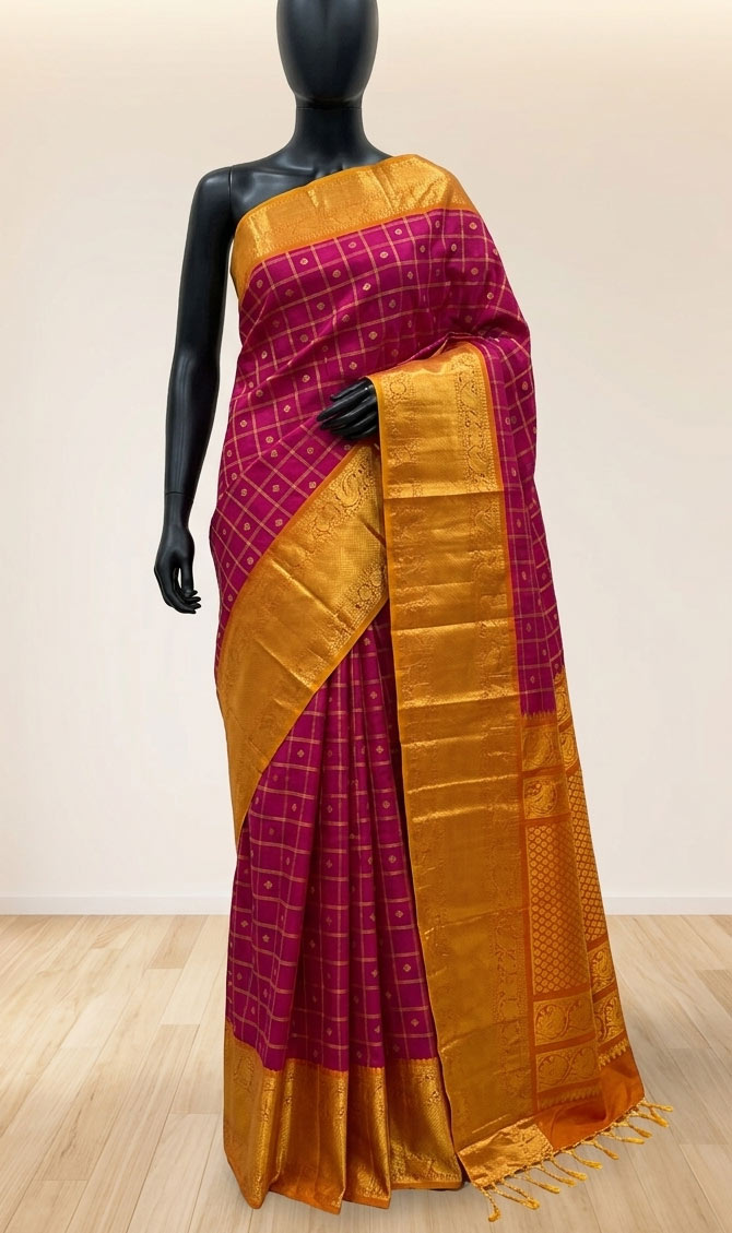 Big Border Gadwal Pure Handloom dual shade body Checks with Butas Megana Pink with Orange