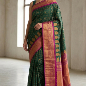 Big Border Gadwal Pure Handloom dual shade body Checks with Butas Bottle Green