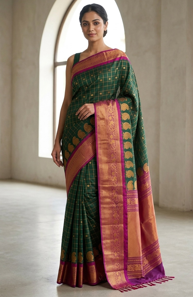 Big Border Gadwal Pure Handloom dual shade body Checks with Butas Bottle Green