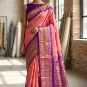 Big Border Gadwal Pure Handloom dual shade body Checks with Butas Pink with Purple Blue