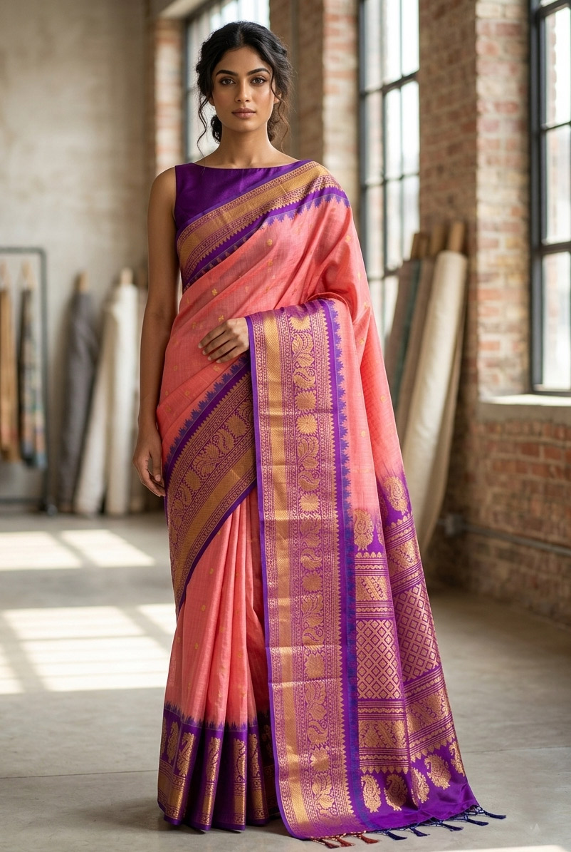 Big Border Gadwal Pure Handloom dual shade body Checks with Butas Pink with Purple Blue
