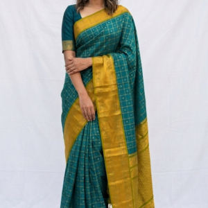 Big Border Gadwal Pure Handloom dual shade body Checks with Butas Self Green