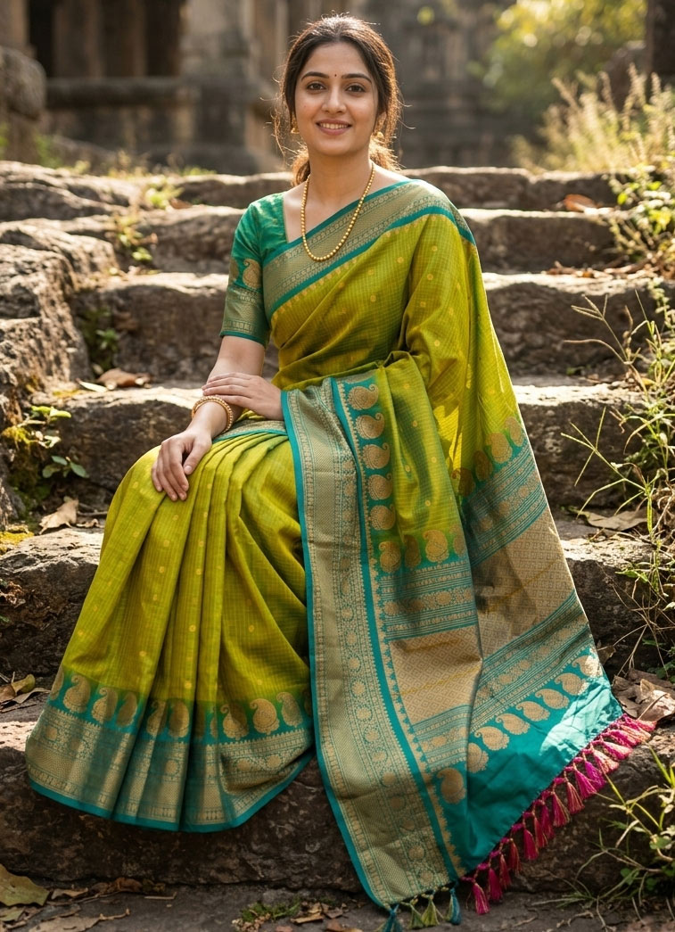 Big Border Gadwal Pure Handloom dual shade body Checks with Butas Green and Dark Green