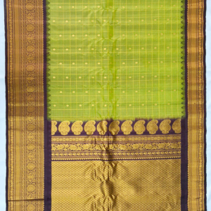 Big Border Gadwal Pure Handloom dual shade body Checks with Butas Green and Coffee Brown