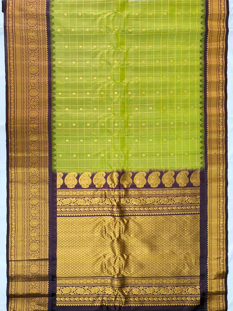 Big Border Gadwal Pure Handloom dual shade body Checks with Butas Green and Coffee Brown