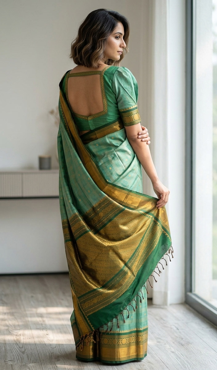 Big Border Gadwal Pure Handloom dual shade body Checks with Butas Pista Castle Green
