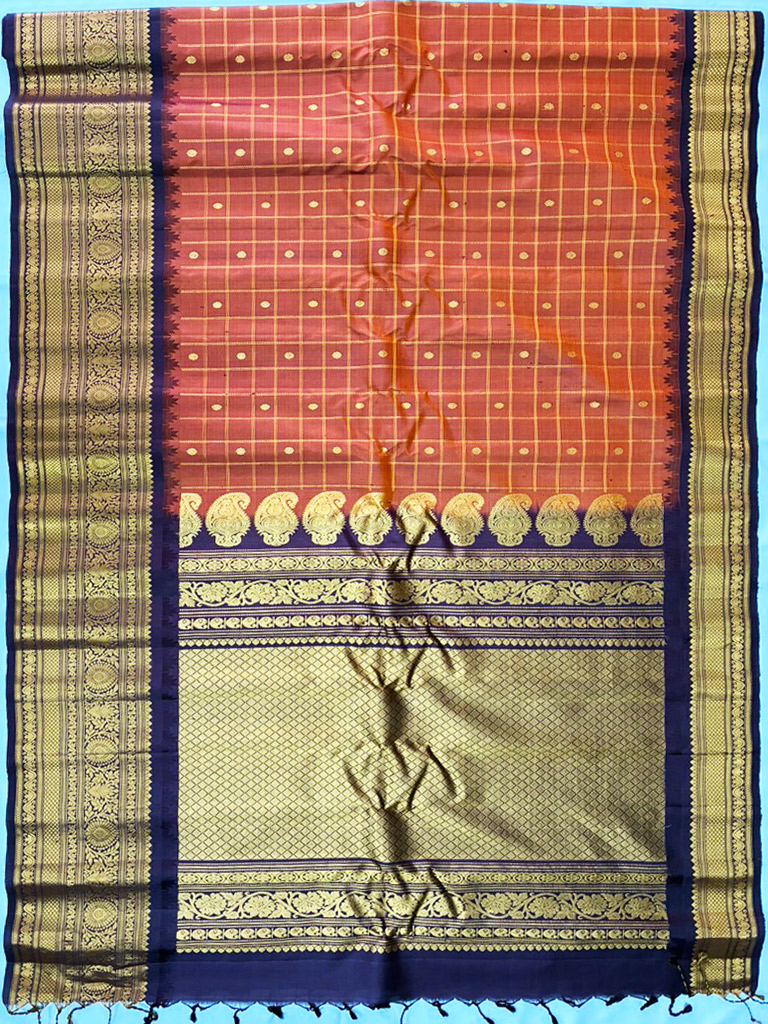 Big Border Gadwal Pure Handloom dual shade body Checks with Butas rust orange
