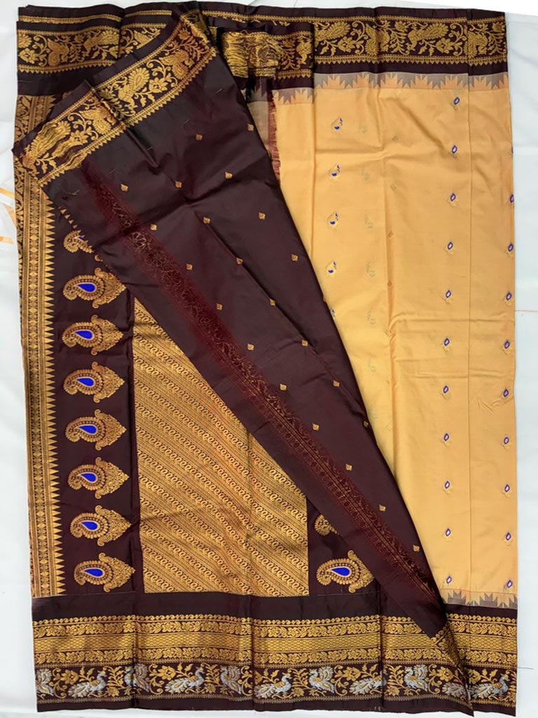 Gadwal Semi Black Saree with Candle cream & coffee brown border