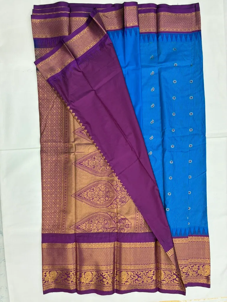 Gadwal Semi Saree Checks Butas Rich Pallu and Border Blue and Purple