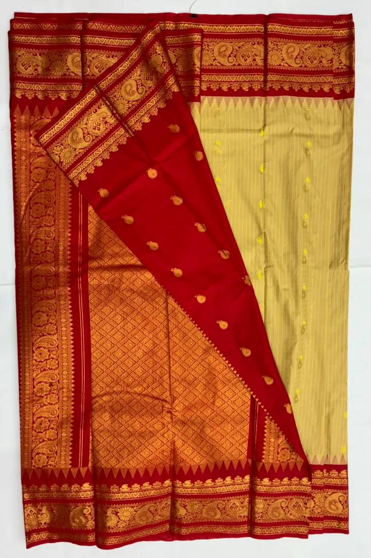 Gadwal Semi Saree Checks Butas Rich Pallu and Border Mustard Yellow and Red