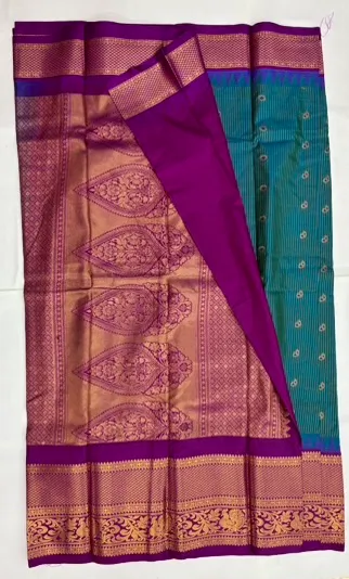Gadwal Semi Saree Checks Butas Rich Pallu and Border Green and Purple