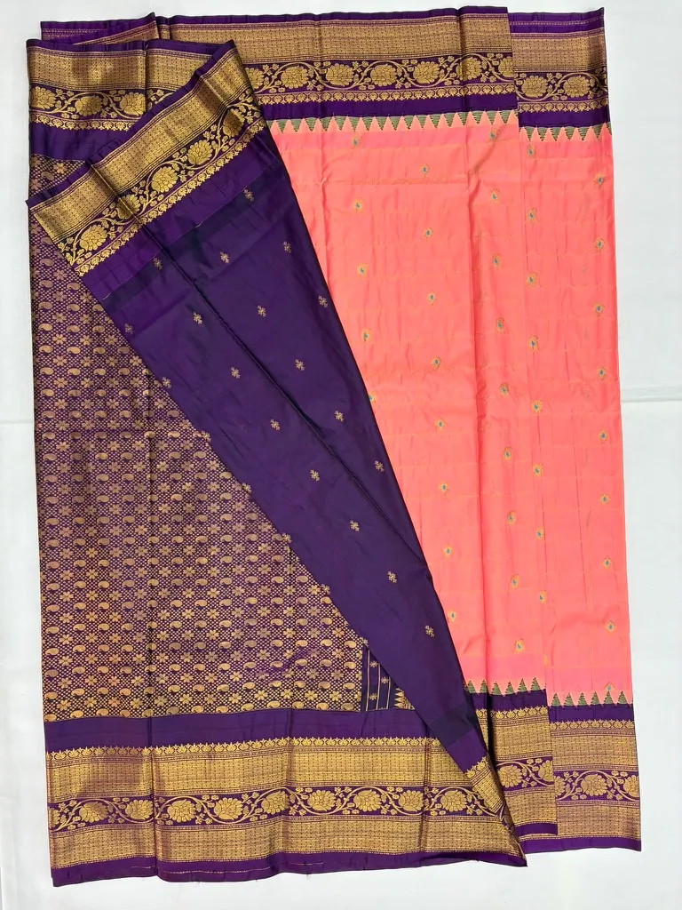 Gadwal Semi Saree Checks Butas Rich Pallu and Border Pink and Purple