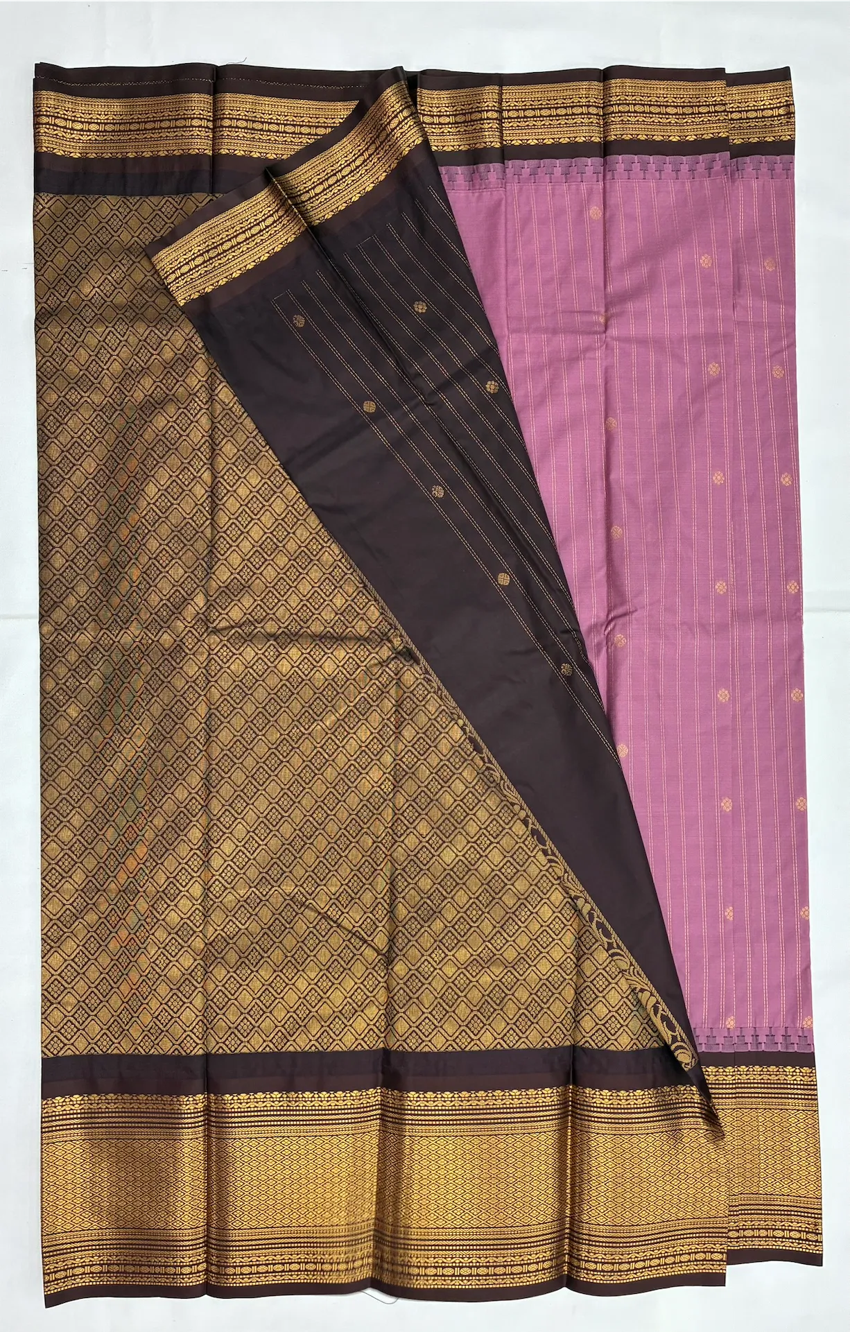 Gadwal Semi Saree Checks Butas Rich Pallu and Border Lavender and Coffee brown