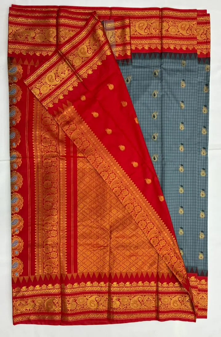 Gadwal Semi Saree Checks Butas Rich Pallu and Border Yash Grey and Red