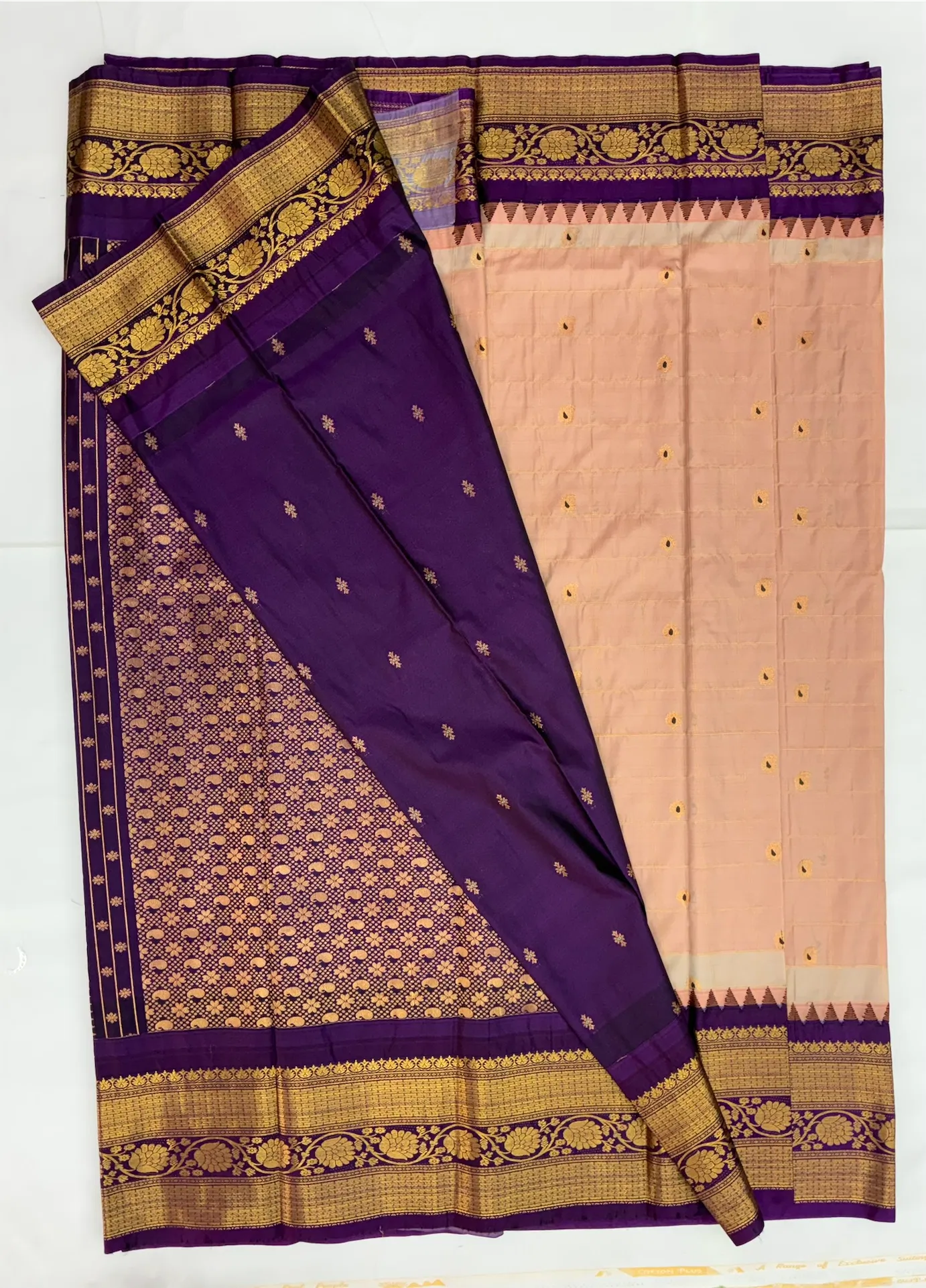 Gadwal Semi Saree Checks Butas Rich Pallu and Border Skin cream and Coffee Brown