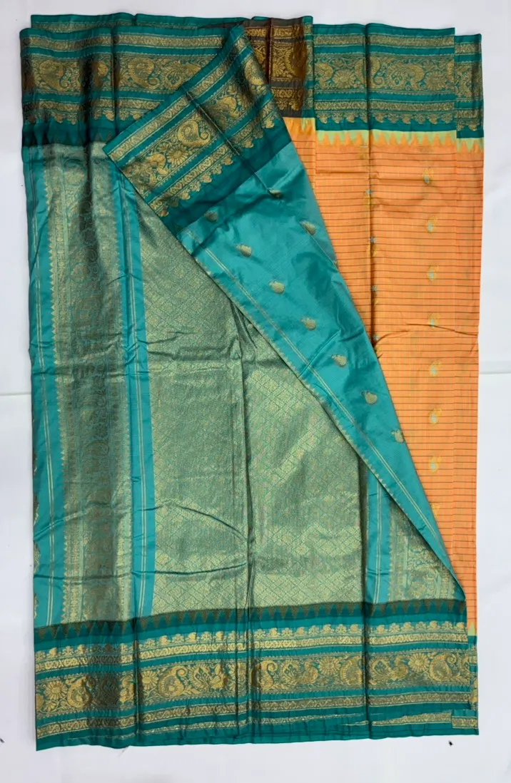 Gadwal Semi Saree Checks Butas Rich Pallu and Border Yellow and Blue