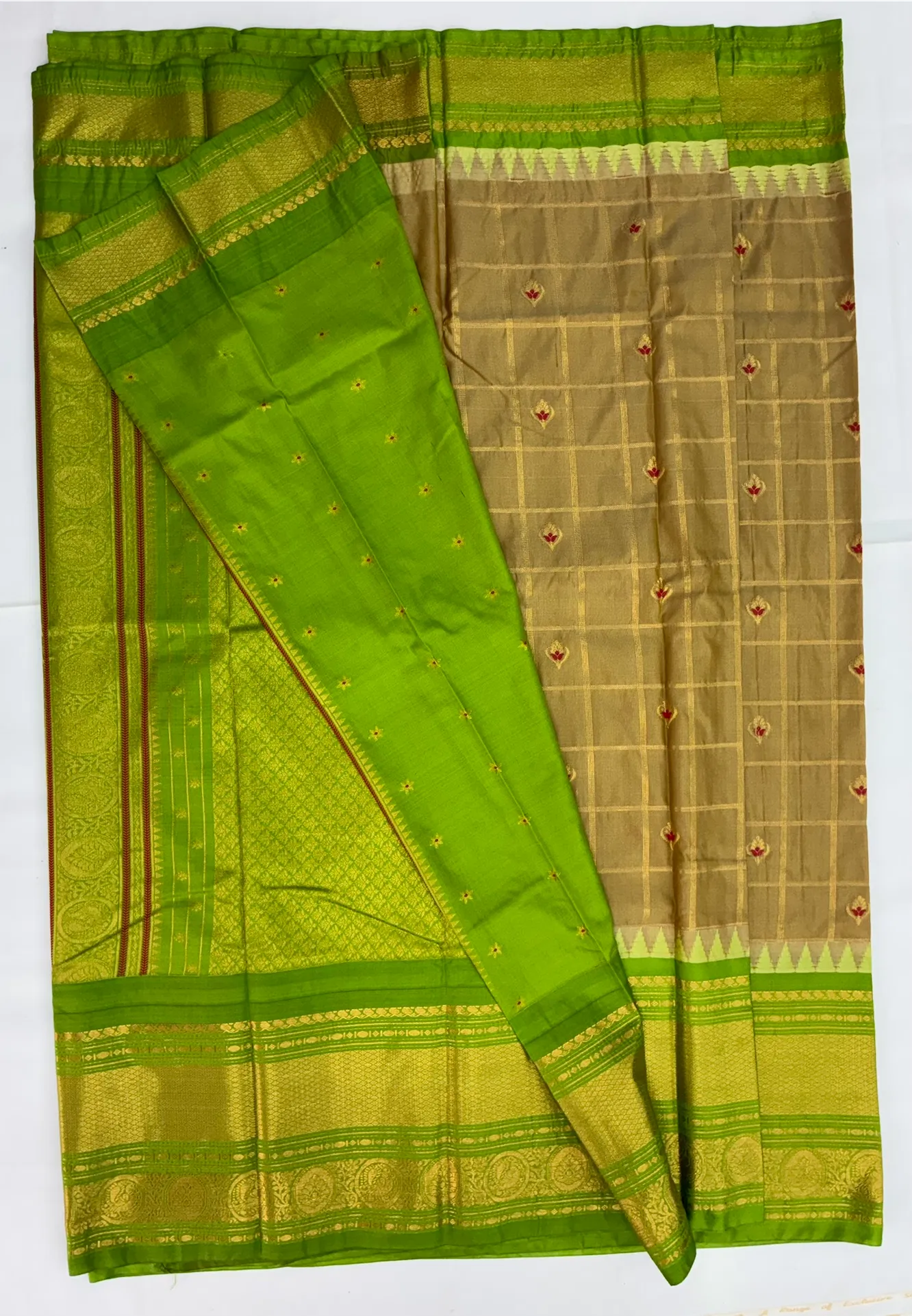Gadwal Semi Saree Checks Butas Rich Pallu and Border Sand Gold and Green