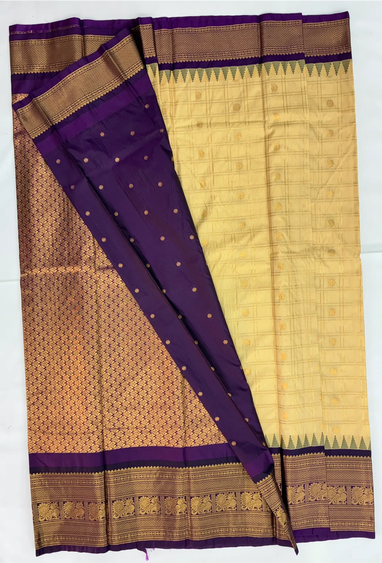 Gadwal Semi Saree Checks Butas Rich Pallu and Border Gold cream and Purple