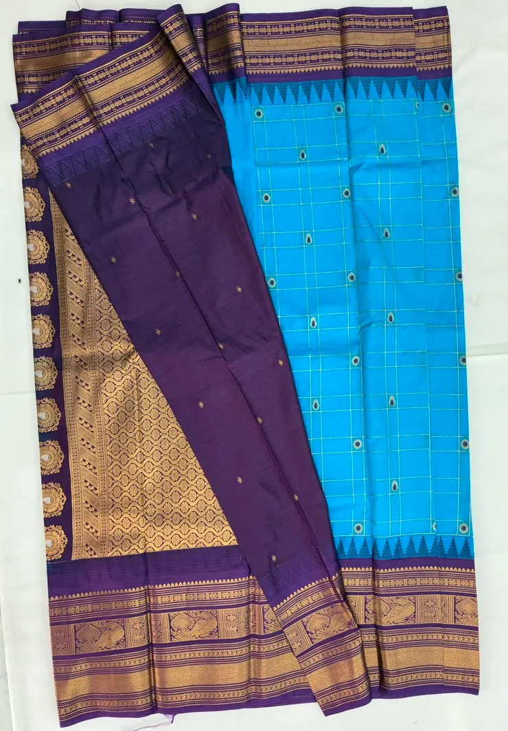 Gadwal Semi Saree Checks Butas Rich Pallu and Border Cyan blue and Purple