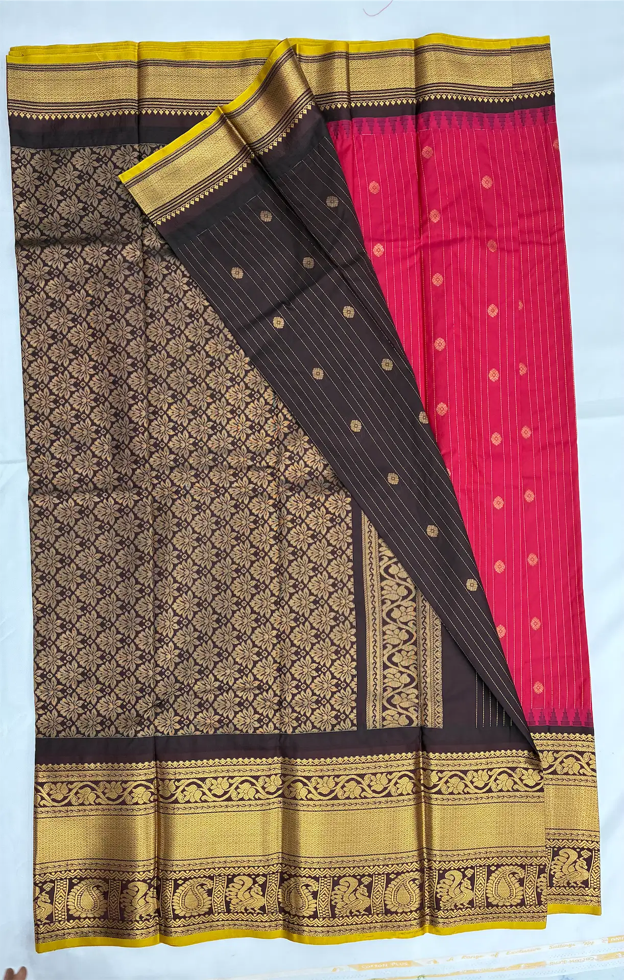 Gadwal Semi Saree Checks Butas Rich Pallu and Border Meganta and Coffee brown