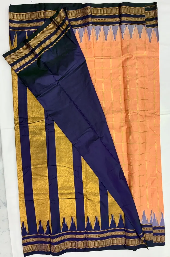 Gadwal Semi Saree Checks Butas Rich Pallu and Border Peach and Blue