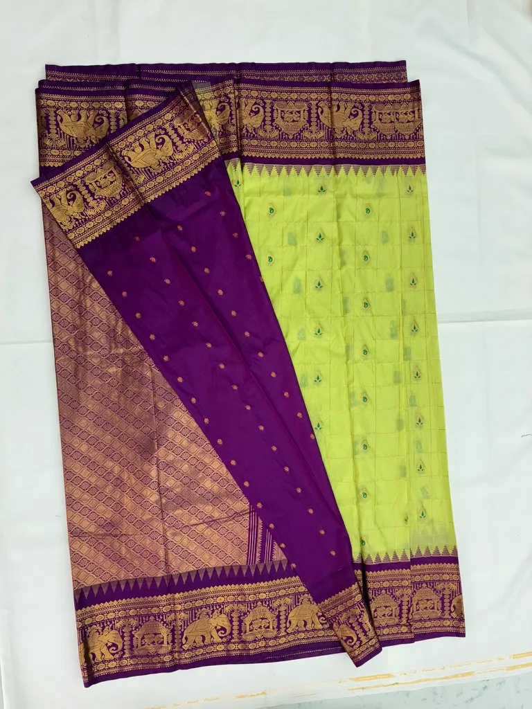 Gadwal Semi Silk Saree Checks Butas Rich Pallu and Border Green and Purple