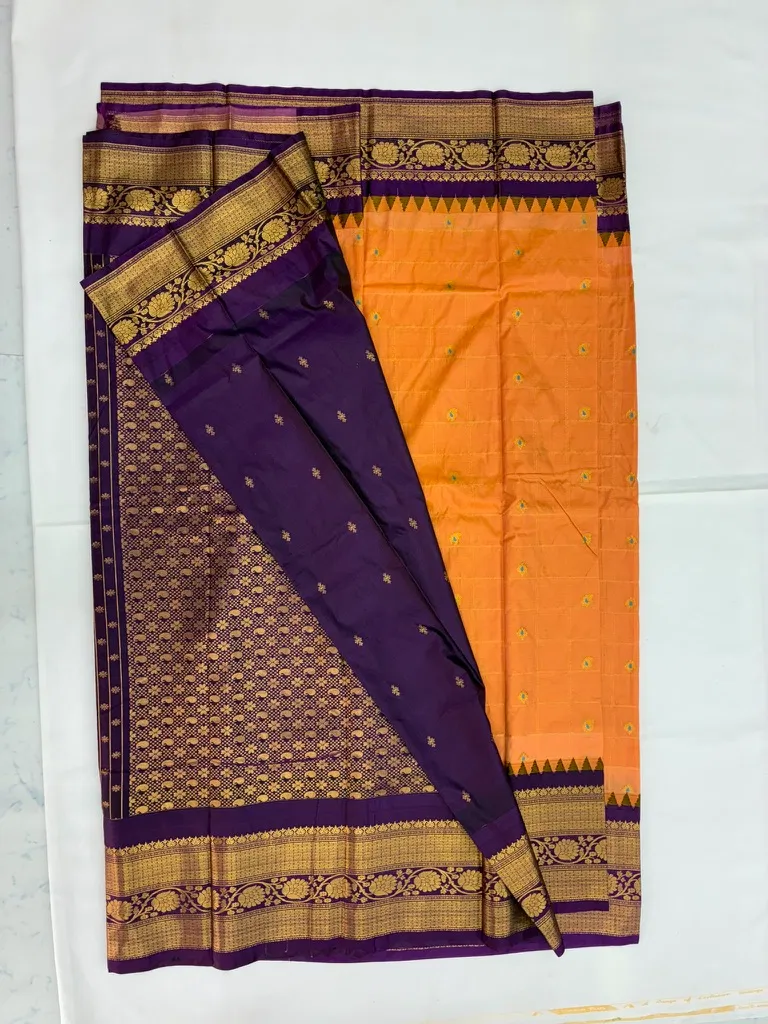 Gadwal Semi Silk Saree Checks Butas Rich Pallu and Border Peach Orange and Purple