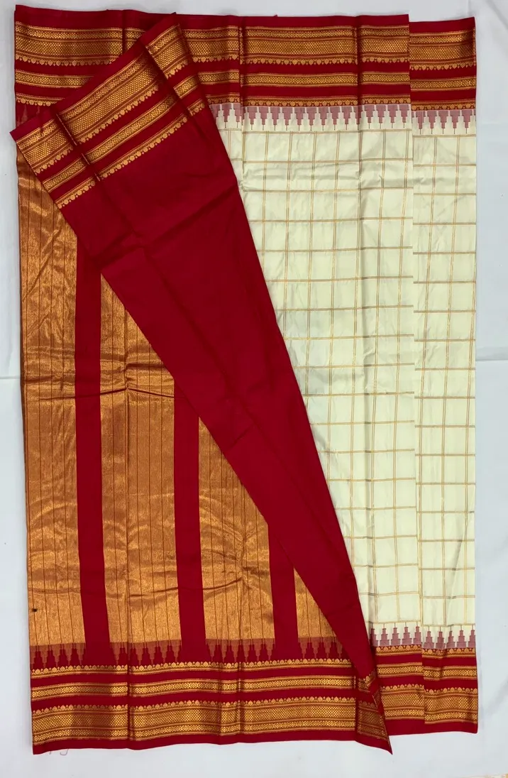 Gadwal Semi Silk Saree Checks Butas Rich Pallu and Border Cream and Red