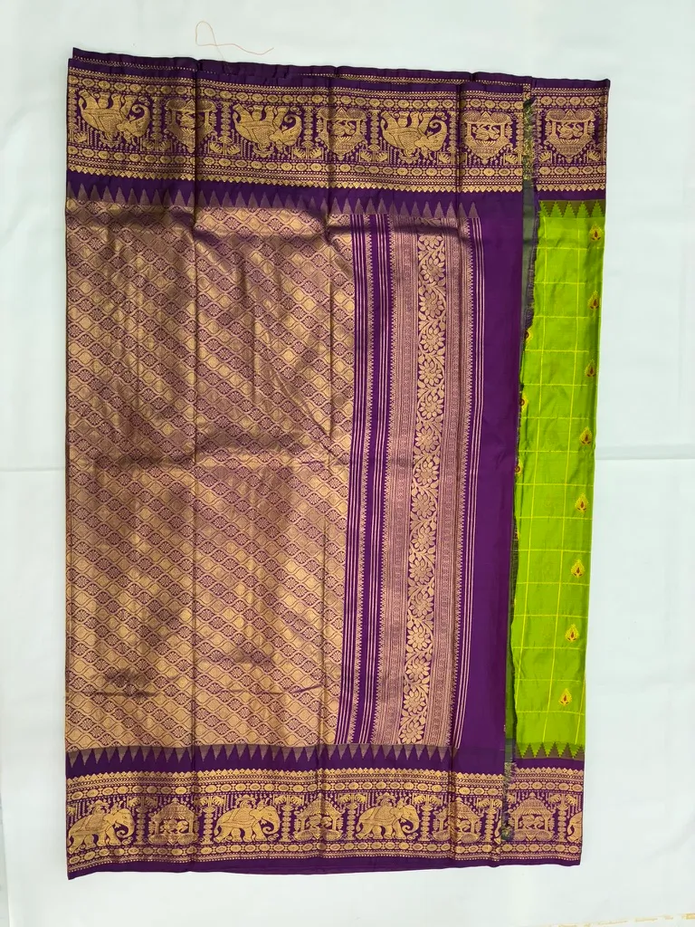 Gadwal Semi Silk Saree Checks Butas Rich Pallu and Border Green and Purple