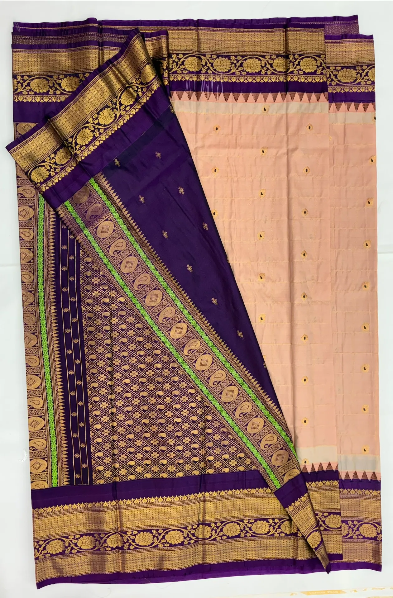 Gadwal Semi Silk Saree Checks Butas Rich Pallu and Border Skin Cream and Purple