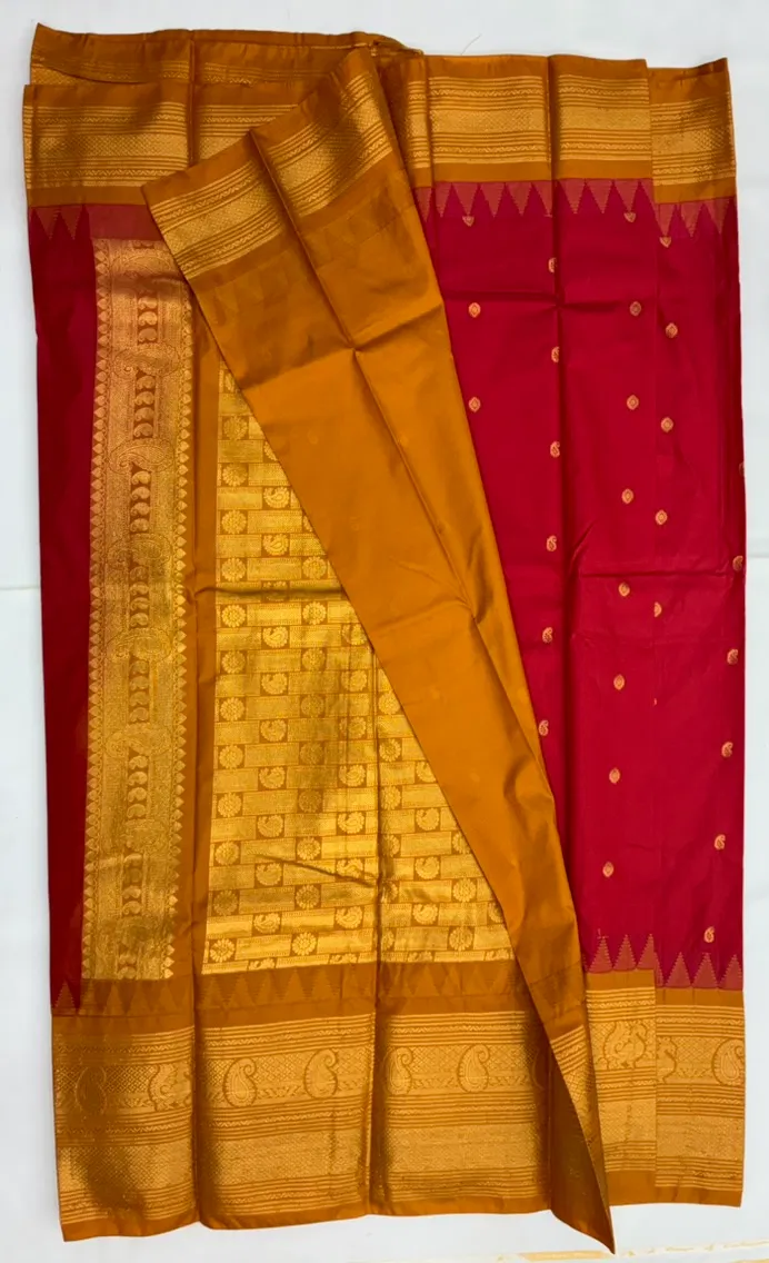 Gadwal Semi Silk Saree Checks Butas Rich Pallu and Border Red and Golden dark Yellow