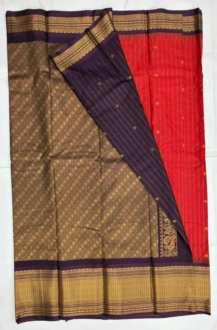 Gadwal Semi Silk Saree Checks Butas Rich Pallu and Border Red and Brown