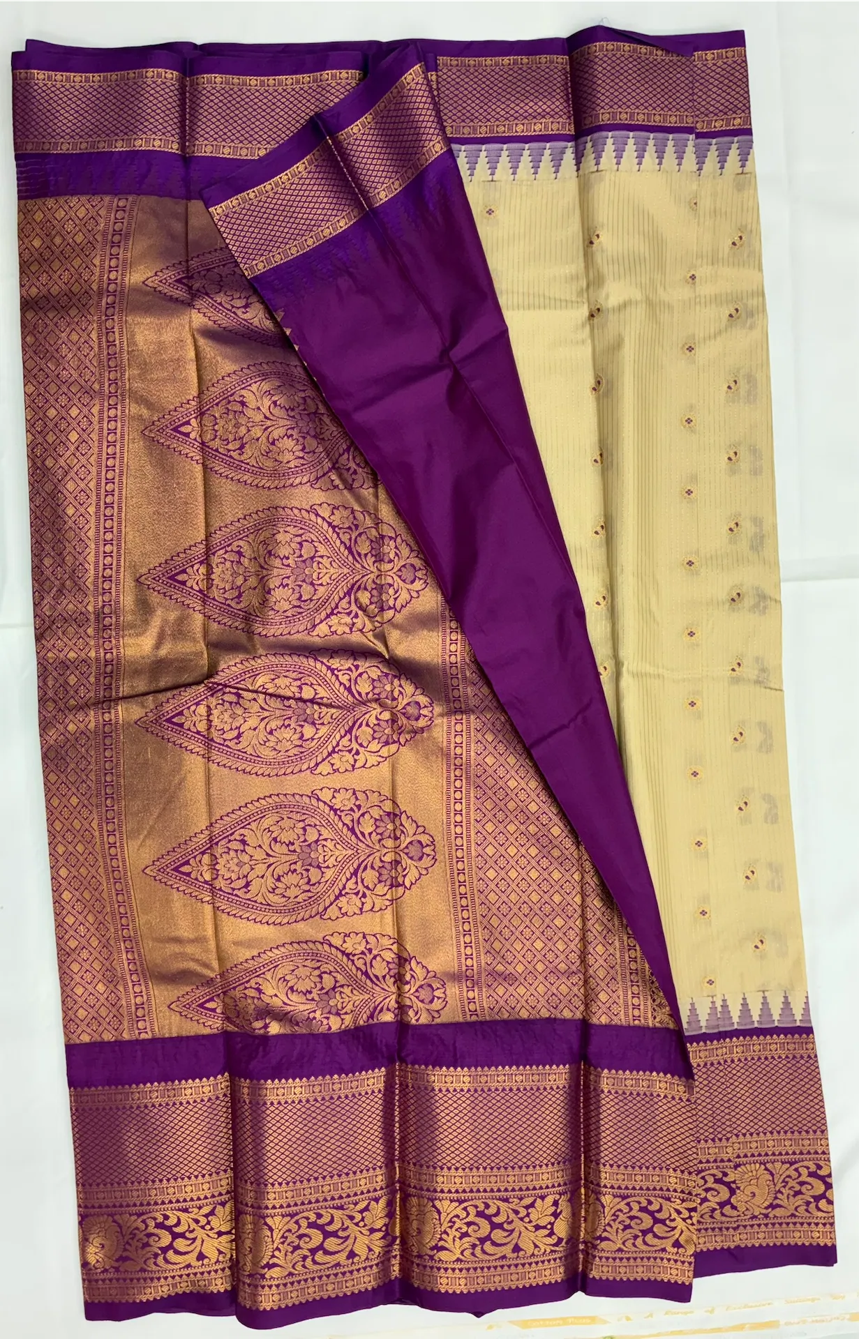 Gadwal Semi Silk Saree Checks Butas Rich Pallu and Border Cream and Purple
