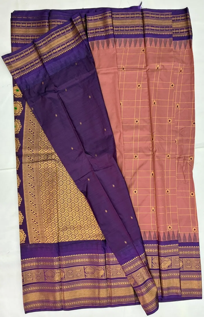 Gadwal Semi Silk Saree Checks Butas Rich Pallu and Border Peach pink and Purple
